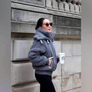 Popflex The Kinsley Bomber Jacket in Faux Sherpa - Grey - XL